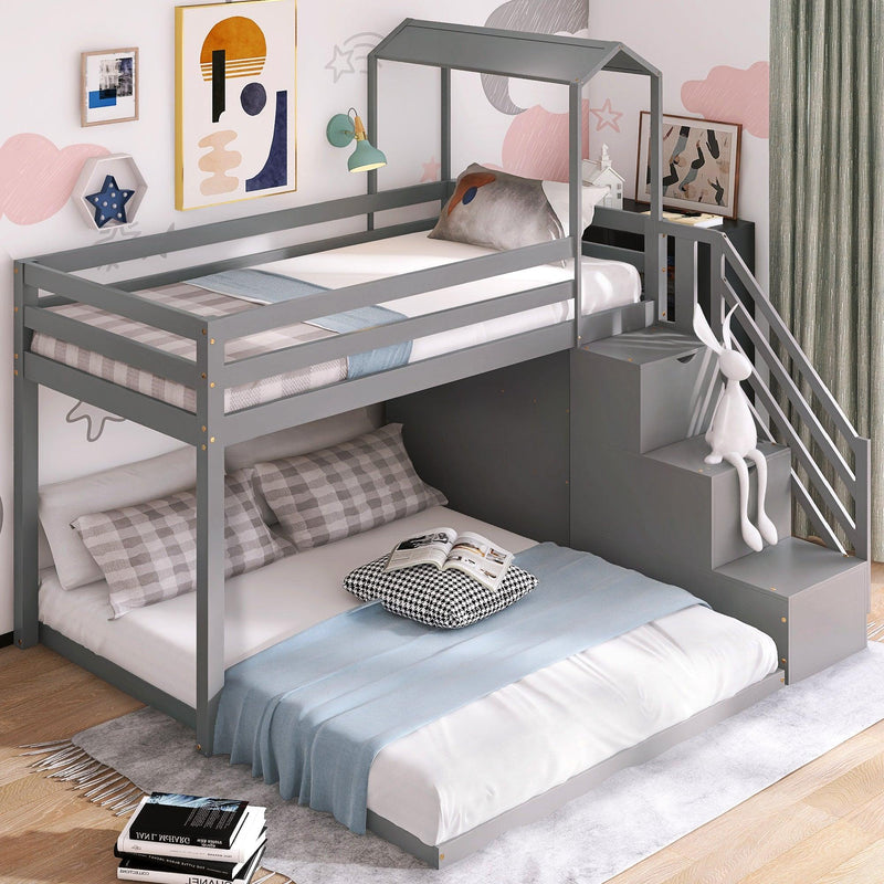 Twin over Full House Roof Bunk Bed with Staircase Drawers and Shelves - Gray - Urban Living Furniture (Los Angeles, CA)