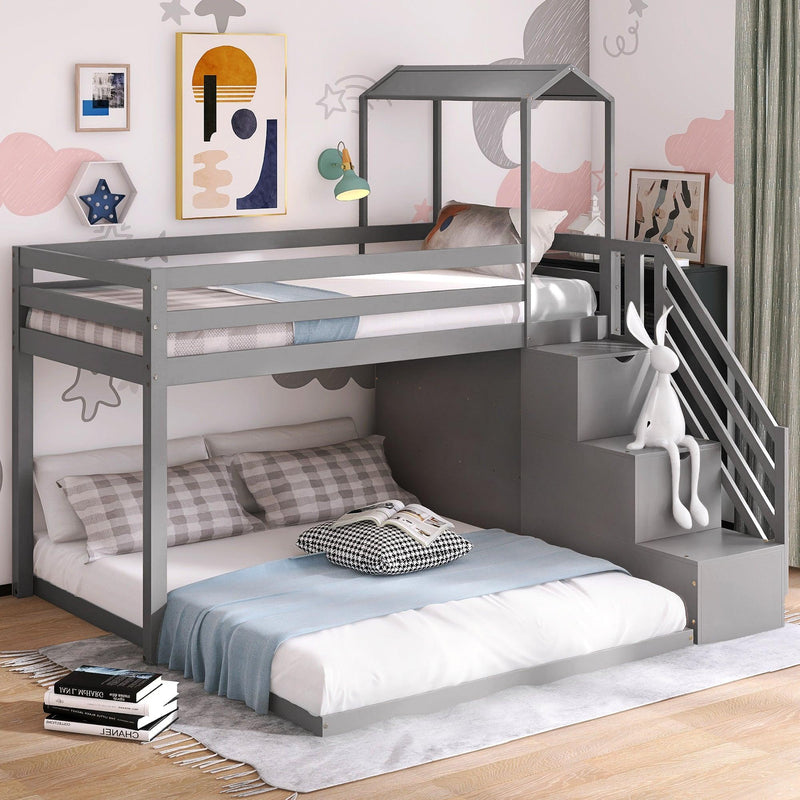 Twin over Full House Roof Bunk Bed with Staircase Drawers and Shelves - Gray