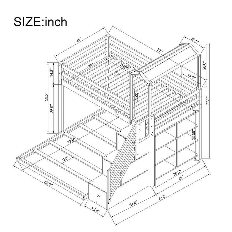 Twin over Full House Roof Bunk Bed with Staircase Drawers and Shelves - Gray - Urban Living Furniture (Los Angeles, CA)