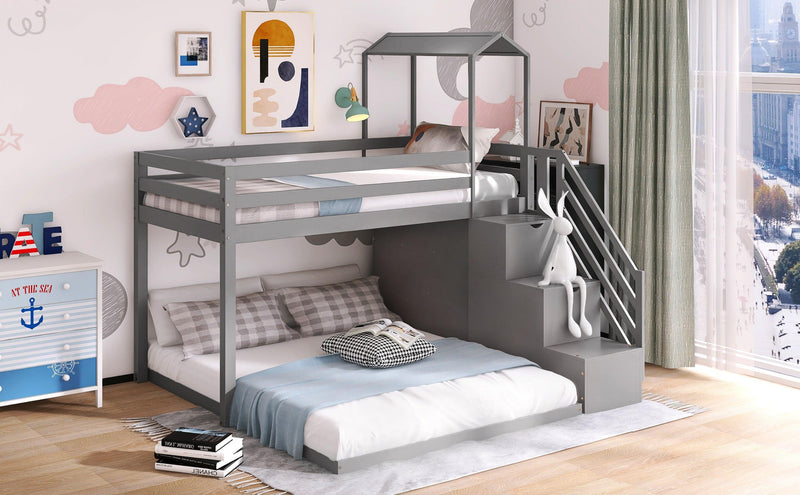 Twin over Full House Roof Bunk Bed with Staircase Drawers and Shelves - Gray - Urban Living Furniture (Los Angeles, CA)