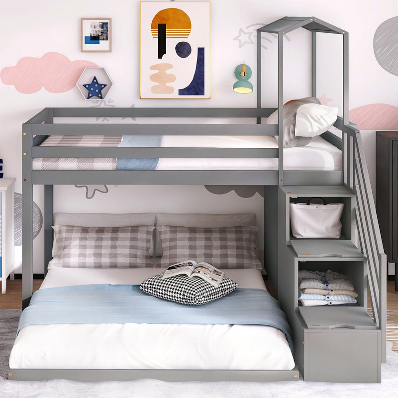 Twin over Full House Roof Bunk Bed with Staircase Drawers and Shelves - Gray - Urban Living Furniture (Los Angeles, CA)