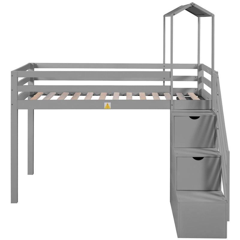 Twin over Full House Roof Bunk Bed with Staircase Drawers and Shelves - Gray - Urban Living Furniture (Los Angeles, CA)