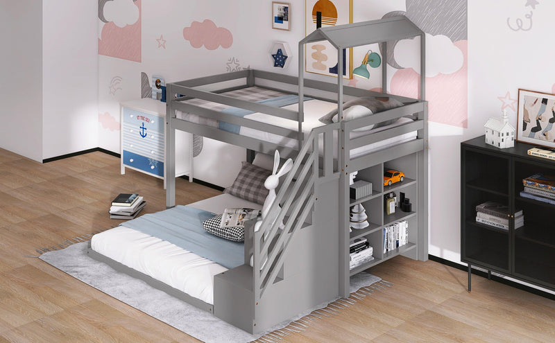 Twin over Full House Roof Bunk Bed with Staircase Drawers and Shelves - Gray - Urban Living Furniture (Los Angeles, CA)