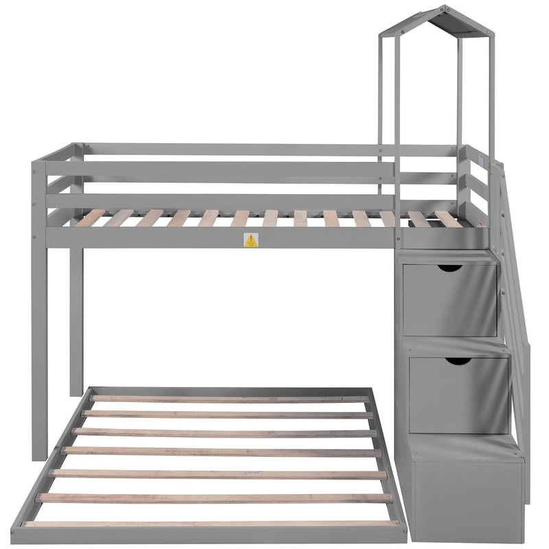 Twin over Full House Roof Bunk Bed with Staircase Drawers and Shelves - Gray - Urban Living Furniture (Los Angeles, CA)