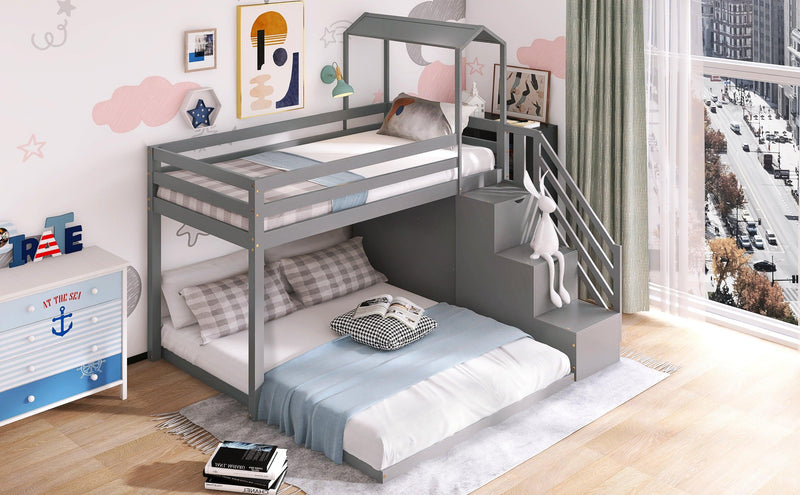 Twin over Full House Roof Bunk Bed with Staircase Drawers and Shelves - Gray - Urban Living Furniture (Los Angeles, CA)