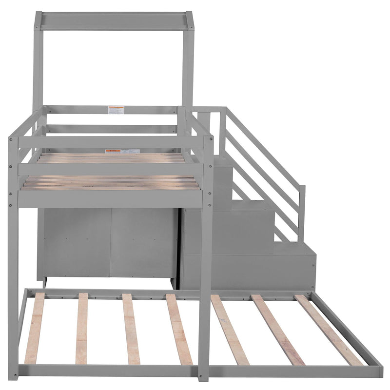 Twin over Full House Roof Bunk Bed with Staircase Drawers and Shelves - Gray - Urban Living Furniture (Los Angeles, CA)