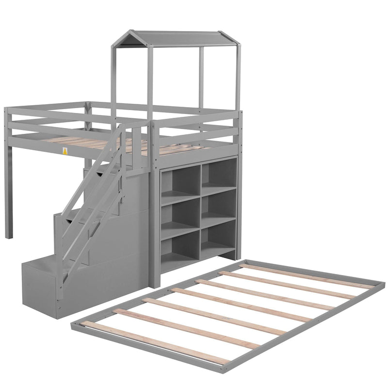 Twin over Full House Roof Bunk Bed with Staircase Drawers and Shelves - Gray - Urban Living Furniture (Los Angeles, CA)