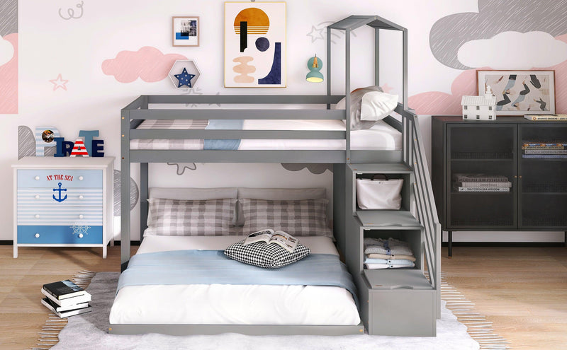 Twin over Full House Roof Bunk Bed with Staircase Drawers and Shelves - Gray - Urban Living Furniture (Los Angeles, CA)