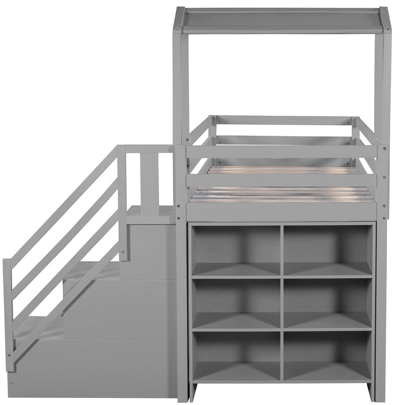 Twin over Full House Roof Bunk Bed with Staircase Drawers and Shelves - Gray - Urban Living Furniture (Los Angeles, CA)