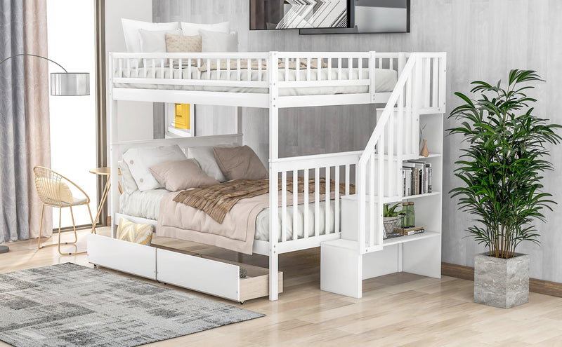 Full over Full Bunk Bed with Two Drawers andStorage Staircase - White