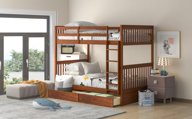 Twin over Twin Bunk Bed with Ladders and TwoStorage Drawers - Walnut