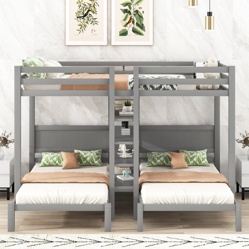 Full XL over Twin and Twin Bunk Bed with Built-in Shelves and Ladder - Gray