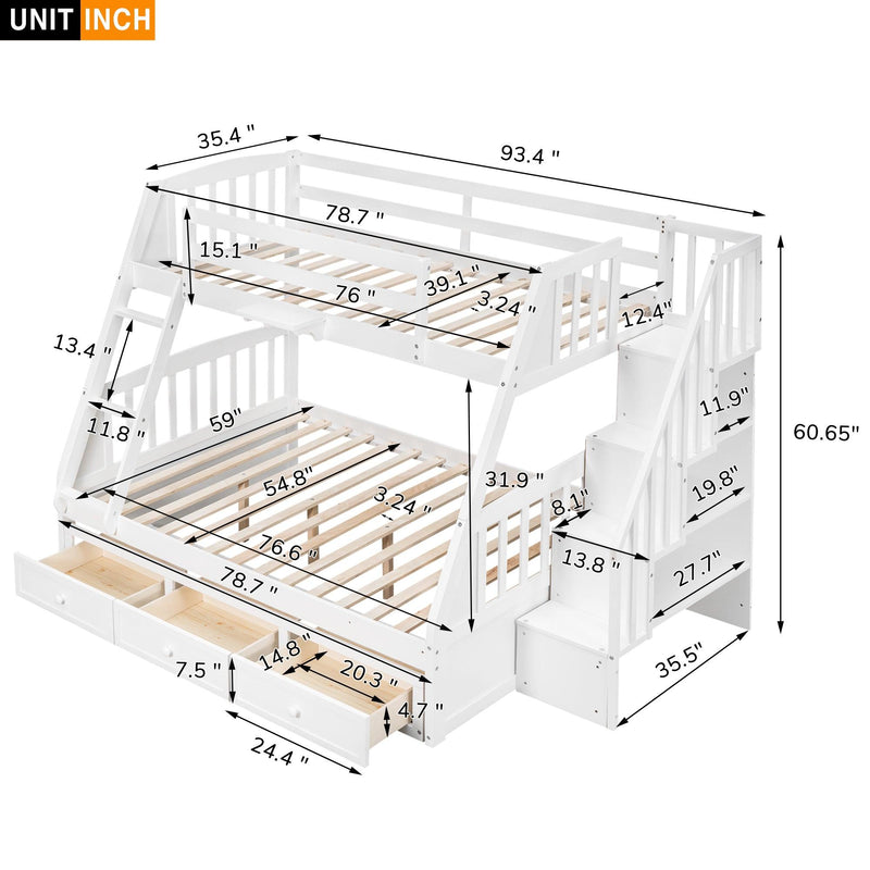 Twin Over Full Convertible Bunk Bed with Drawers, Ladders andStorage Staircase - White - Urban Living Furniture (Los Angeles, CA)