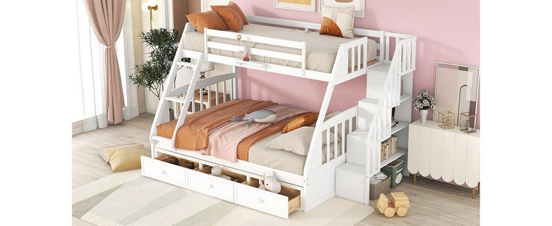 Twin Over Full Convertible Bunk Bed with Drawers, Ladders andStorage Staircase - White - Urban Living Furniture (Los Angeles, CA)