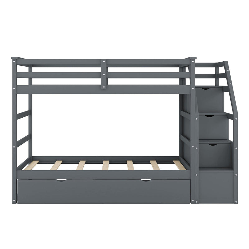 Twin over Twin Bunk Bed withStorage Staircase and Twin Size Trundle Bed - Gray
