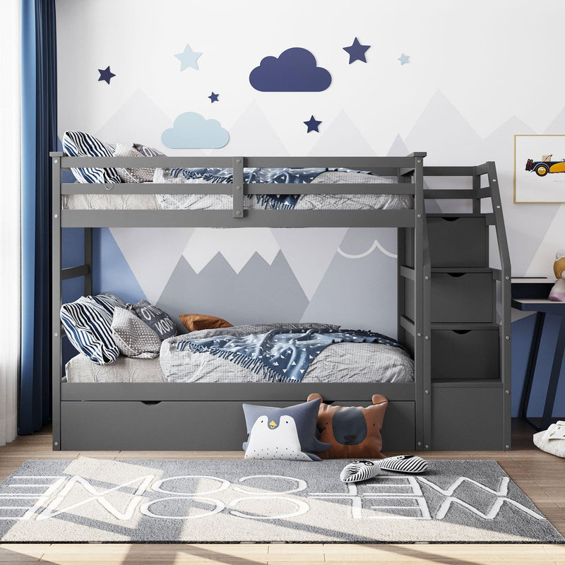 Twin over Twin Bunk Bed withStorage Staircase and Twin Size Trundle Bed - Gray