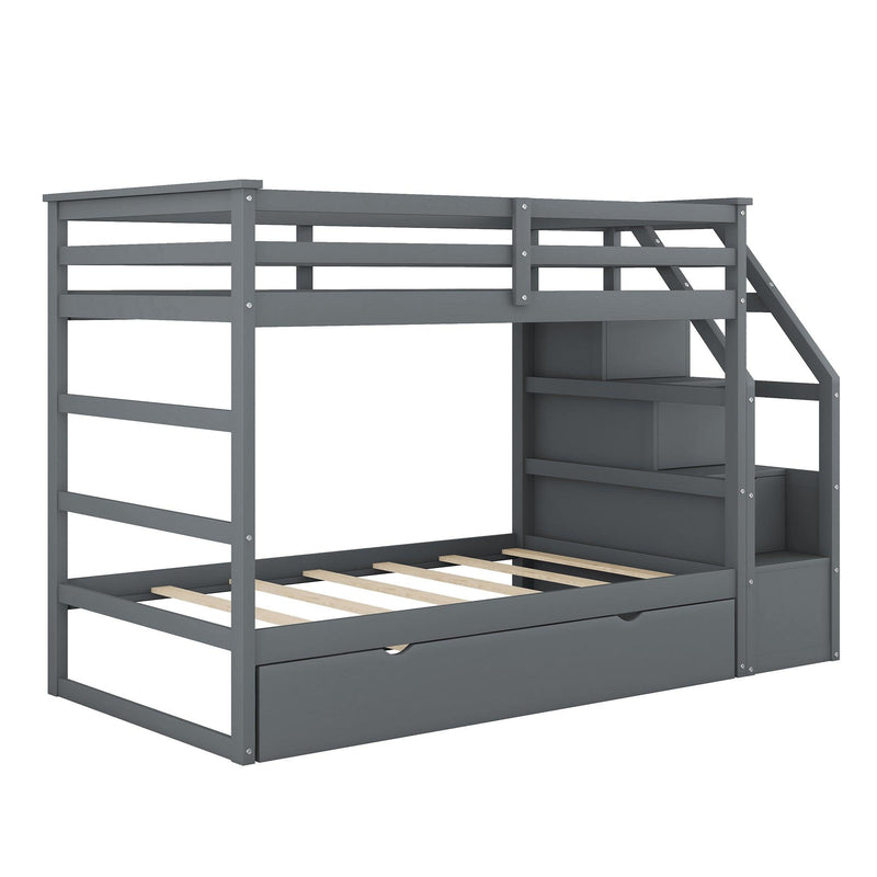 Twin over Twin Bunk Bed withStorage Staircase and Twin Size Trundle Bed - Gray - Urban Living Furniture (Los Angeles, CA)