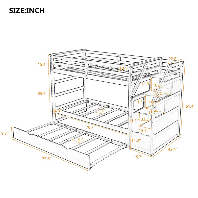 Twin over Twin Bunk Bed withStorage Staircase and Twin Size Trundle Bed - Gray