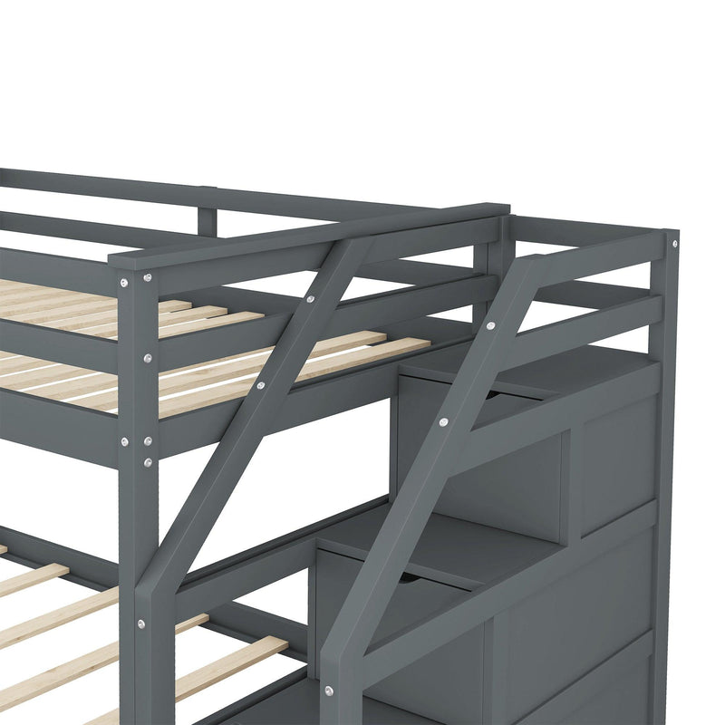 Twin over Twin Bunk Bed withStorage Staircase and Twin Size Trundle Bed - Gray