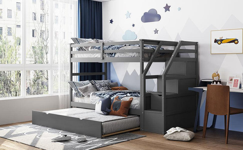 Twin over Twin Bunk Bed withStorage Staircase and Twin Size Trundle Bed - Gray - Urban Living Furniture (Los Angeles, CA)