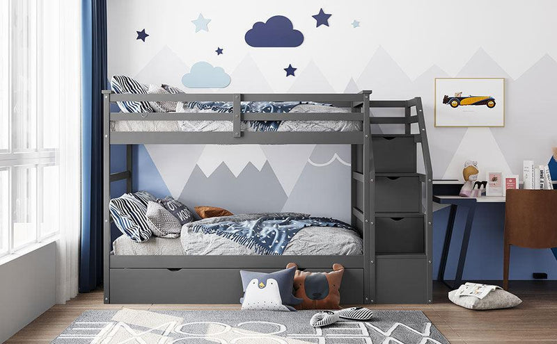 Twin over Twin Bunk Bed withStorage Staircase and Twin Size Trundle Bed - Gray - Urban Living Furniture (Los Angeles, CA)