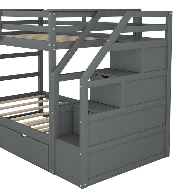 Twin over Twin Bunk Bed withStorage Staircase and Twin Size Trundle Bed - Gray - Urban Living Furniture (Los Angeles, CA)