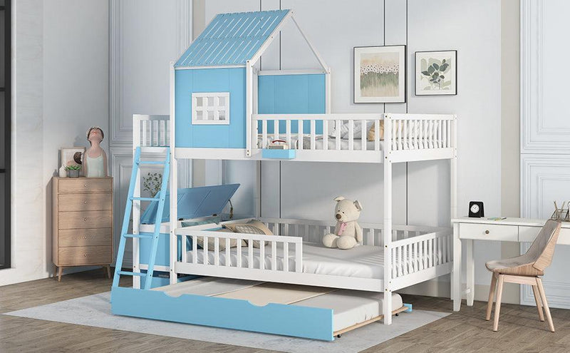 Full over Full Bunk Bed with Twin Size Trundle,Storage Box and Drawer - Blue