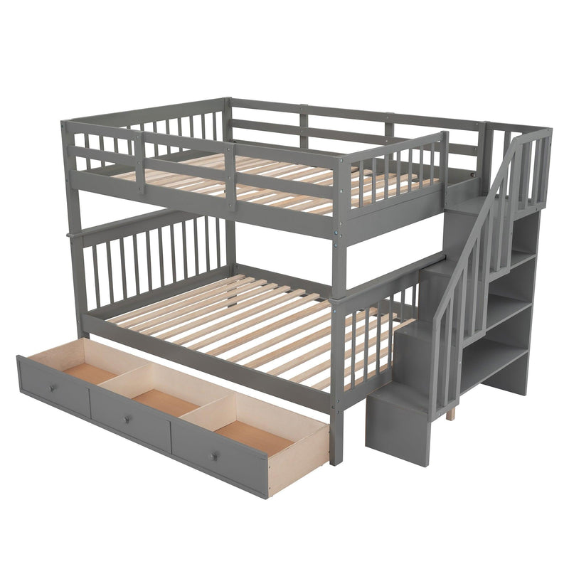 Full over Full Bunk Bed with Drawer,Storage Staircase and Guard Rail - Gray - Urban Living Furniture (Los Angeles, CA)