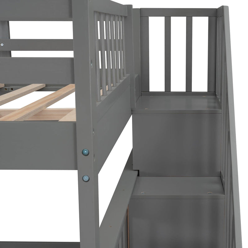 Full over Full Bunk Bed with Drawer,Storage Staircase and Guard Rail - Gray