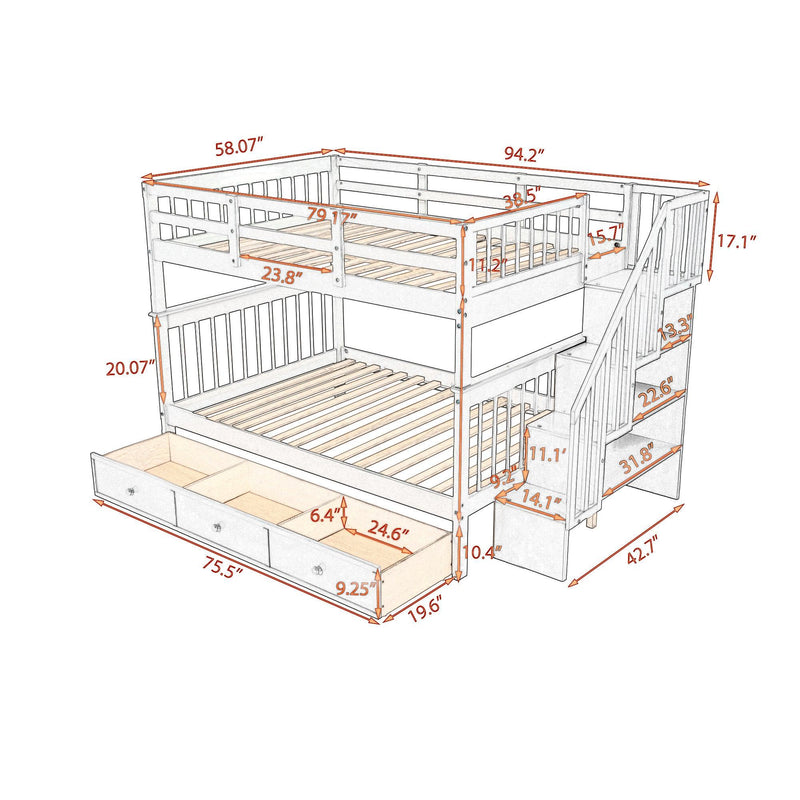 Full over Full Bunk Bed with Drawer,Storage Staircase and Guard Rail - Gray