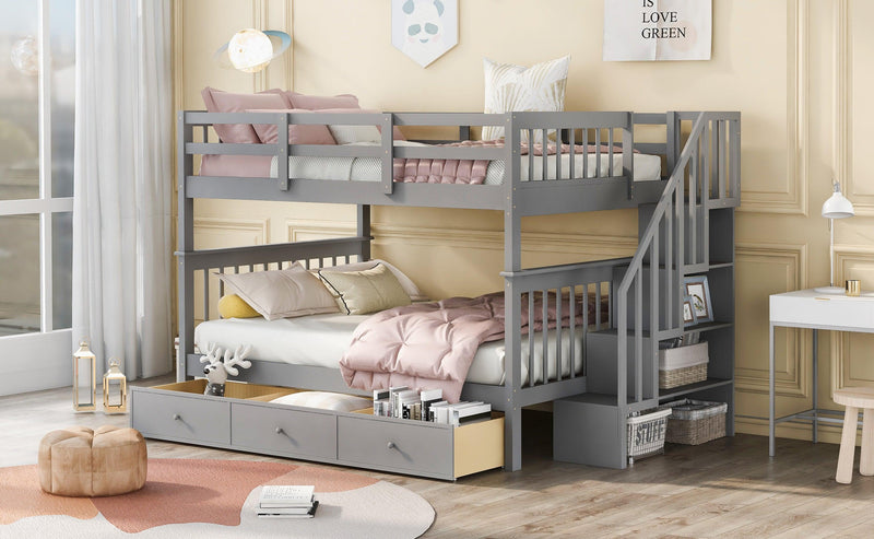 Full over Full Bunk Bed with Drawer,Storage Staircase and Guard Rail - Gray - Urban Living Furniture (Los Angeles, CA)