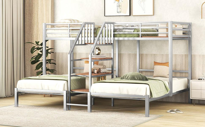 Twin over Twin and Twin Metal Bunk Bed withStorage Shelves Staircase - Silver - Urban Living Furniture (Los Angeles, CA)