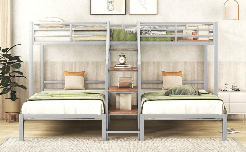 Twin over Twin and Twin Metal Bunk Bed withStorage Shelves Staircase - Silver - Urban Living Furniture (Los Angeles, CA)