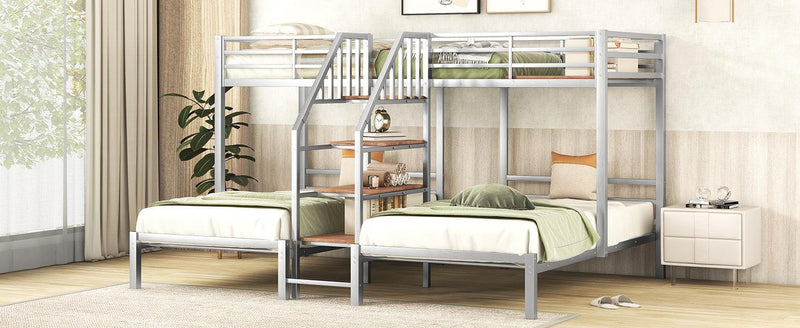 Twin over Twin and Twin Metal Bunk Bed withStorage Shelves Staircase - Silver - Urban Living Furniture (Los Angeles, CA)