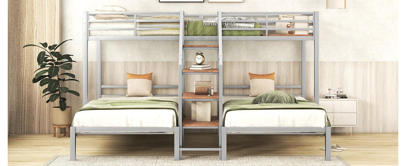 Twin over Twin and Twin Metal Bunk Bed withStorage Shelves Staircase - Silver - Urban Living Furniture (Los Angeles, CA)