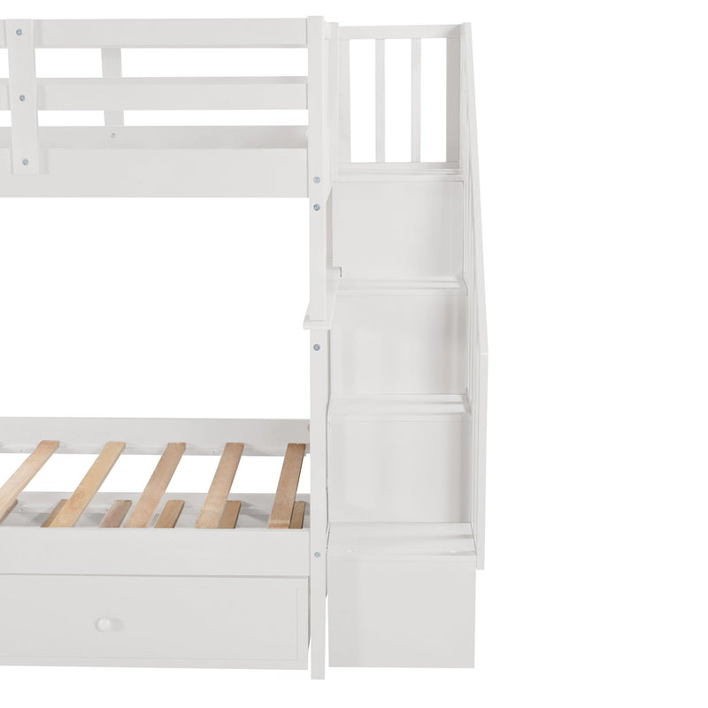 Twin Over Twin Bunk Bed with Twin Size Trundle andStorage Staircase - White