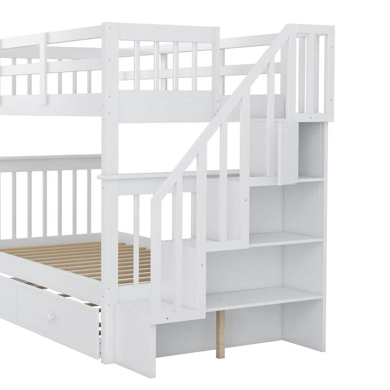 Twin Over Twin Bunk Bed with Twin Size Trundle andStorage Staircase - White
