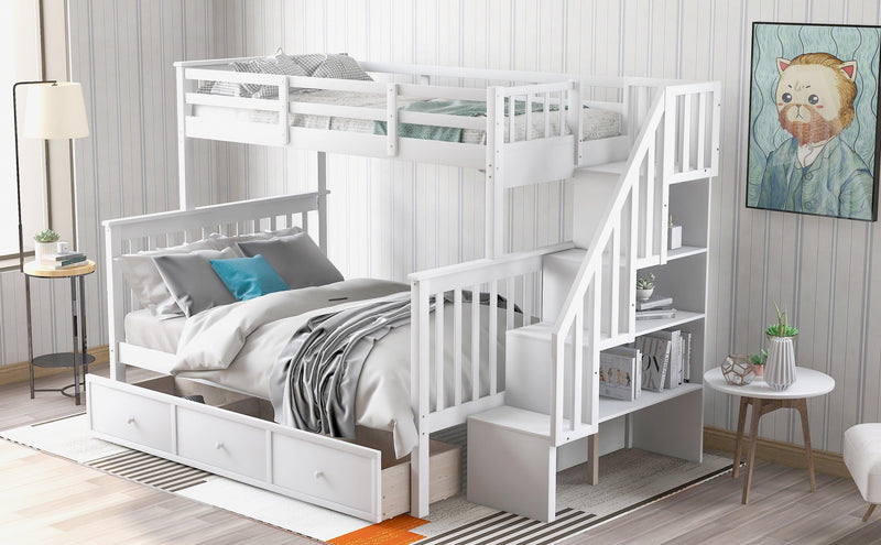 Twin Over Full Bunk Bed with Drawer andStorage Staircase - White