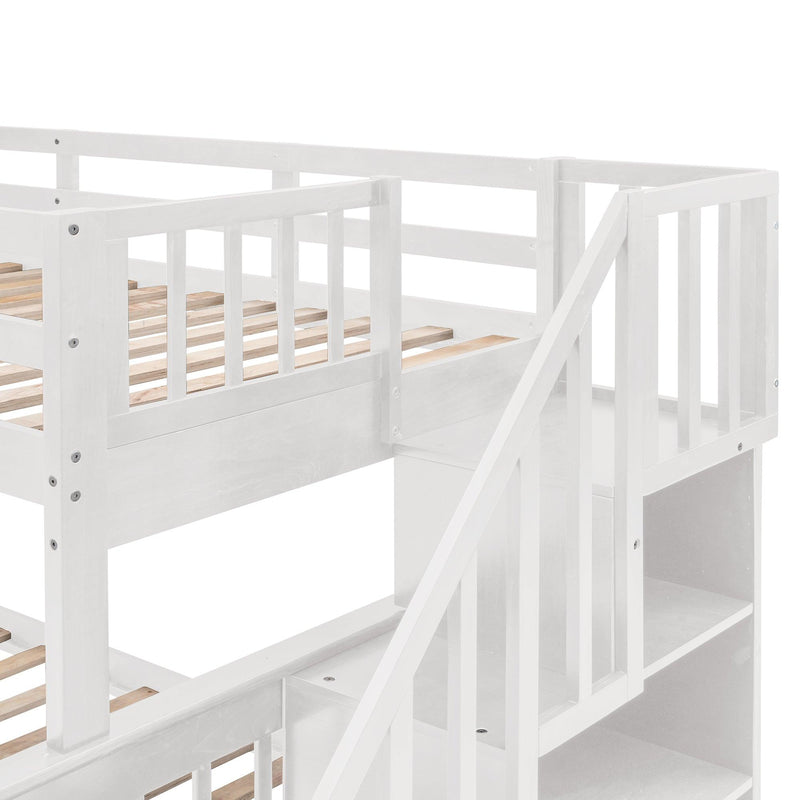 Twin Over Full Bunk Bed with Drawer andStorage Staircase - White