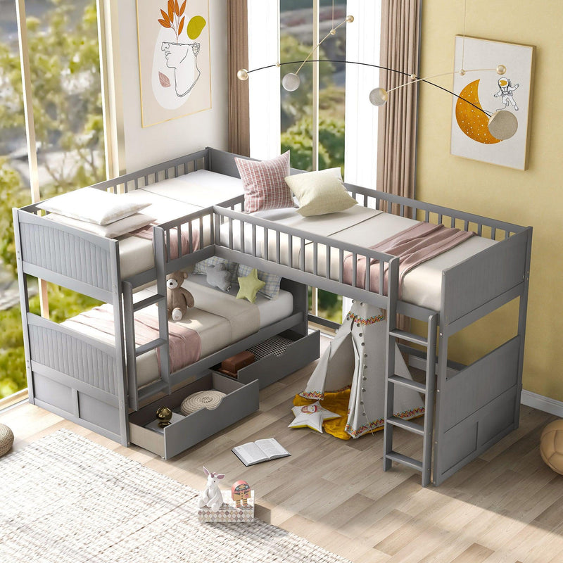 Twin over Twin Bunk Bed with Attached Loft Bed and Drawers - Gray - Urban Living Furniture (Los Angeles, CA)