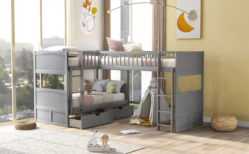 Twin over Twin Bunk Bed with Attached Loft Bed and Drawers - Gray - Urban Living Furniture (Los Angeles, CA)