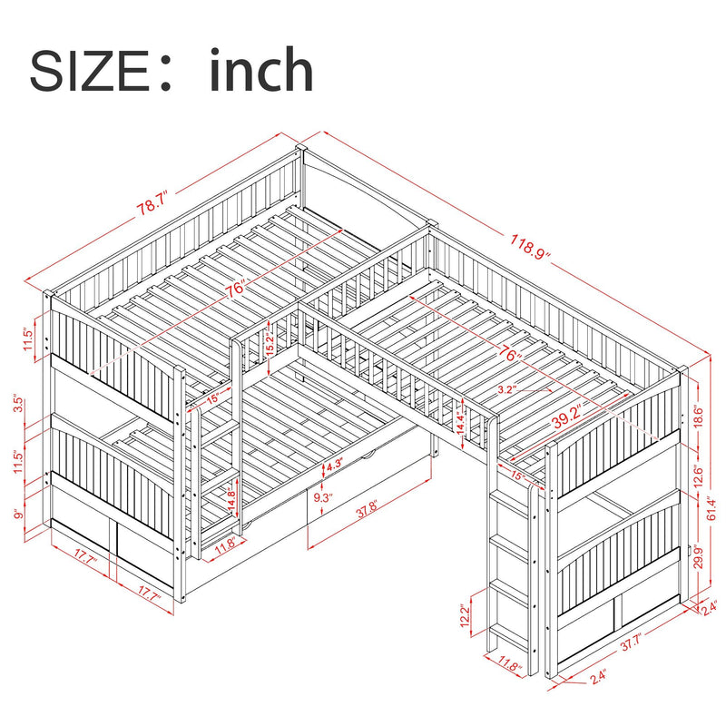 Twin over Twin Bunk Bed with Attached Loft Bed and Drawers - Gray - Urban Living Furniture (Los Angeles, CA)