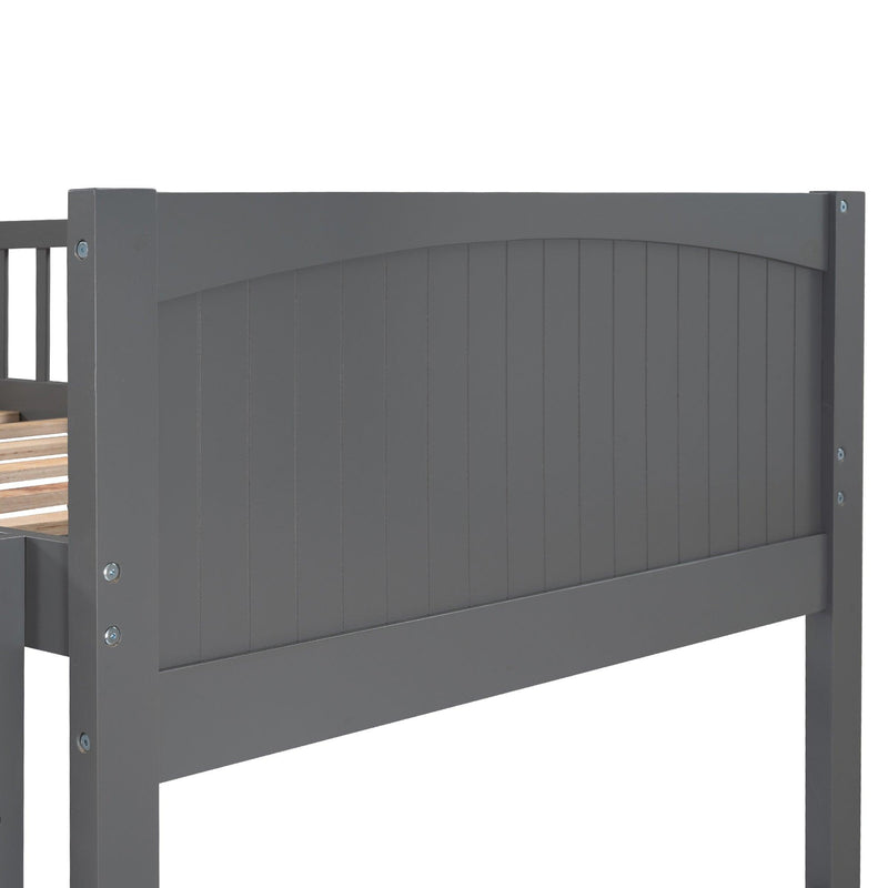 Twin over Twin Bunk Bed with Attached Loft Bed and Drawers - Gray