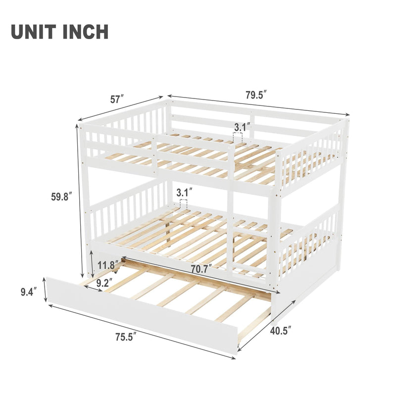 Full Over Full Convertible Bunk Bed with Twin Size Trundle and Safety Rails - White - Urban Living Furniture (Los Angeles, CA)