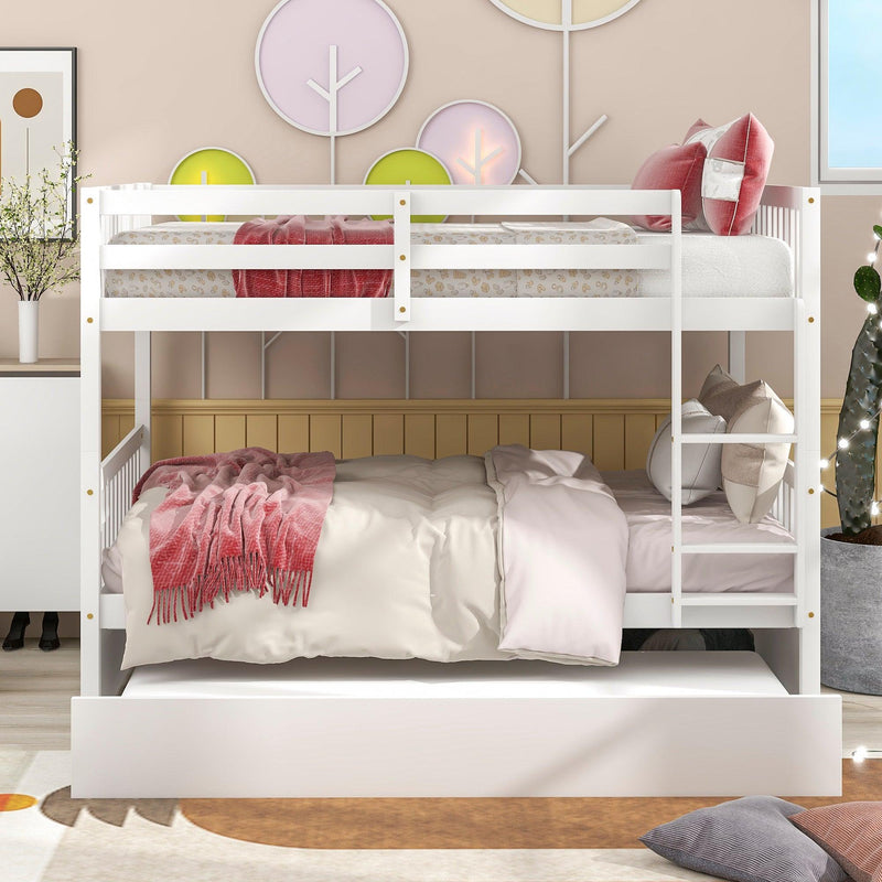 Full Over Full Convertible Bunk Bed with Twin Size Trundle and Safety Rails - White - Urban Living Furniture (Los Angeles, CA)