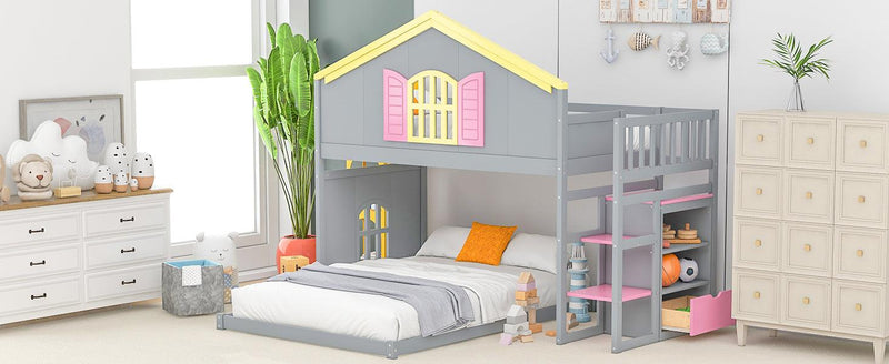 Twin over Full House Bunk Bed with Pink Staircase, Drawer and Shelves - Gray