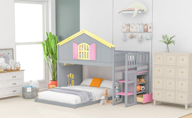 Twin over Full House Bunk Bed with Pink Staircase, Drawer and Shelves - Gray