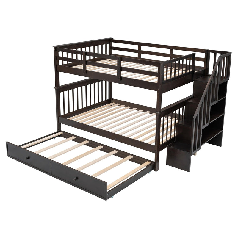 Full Over Full Bunk Bed with Twin Size Trundle,Storage Staircase and Guard Rail  - Espresso - Urban Living Furniture (Los Angeles, CA)