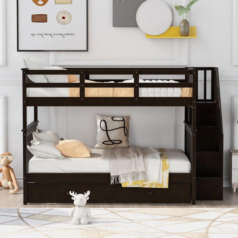 Full Over Full Bunk Bed with Twin Size Trundle,Storage Staircase and Guard Rail  - Espresso