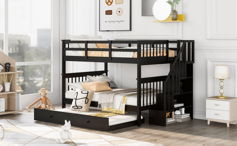 Full Over Full Bunk Bed with Twin Size Trundle Storage Staircase and Guard Rail Espresso Urban Living Furniture Los Angeles CA